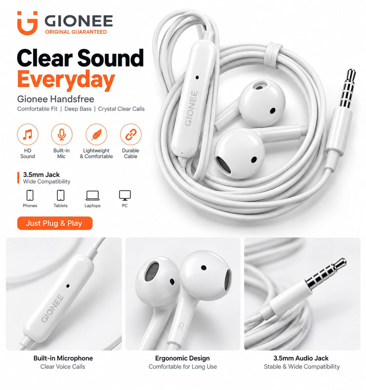 Gionee wired handsfree 3.5mm with microphone